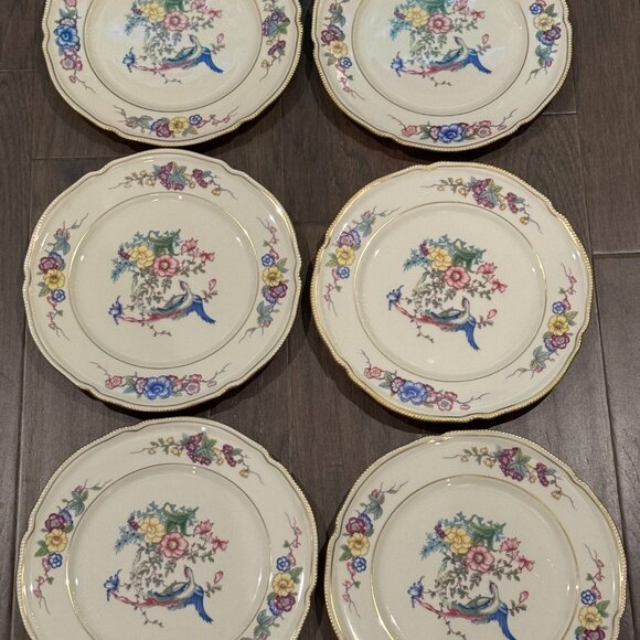 Castleton China six 6 DINNER Plates Phoenix USA Gold Flowers Scalloped Edge Rim - Picture 7 of 16